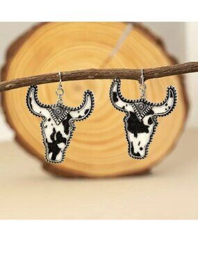 Earrings Cow Bull Steer Faux Cowhide Hair Western Cowboy Rodeo Texas Long Horn
